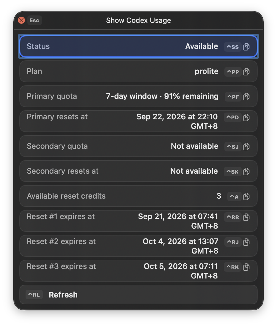 Codex quota panel showing remaining quota, reset times, available reset credits, and a Refresh button